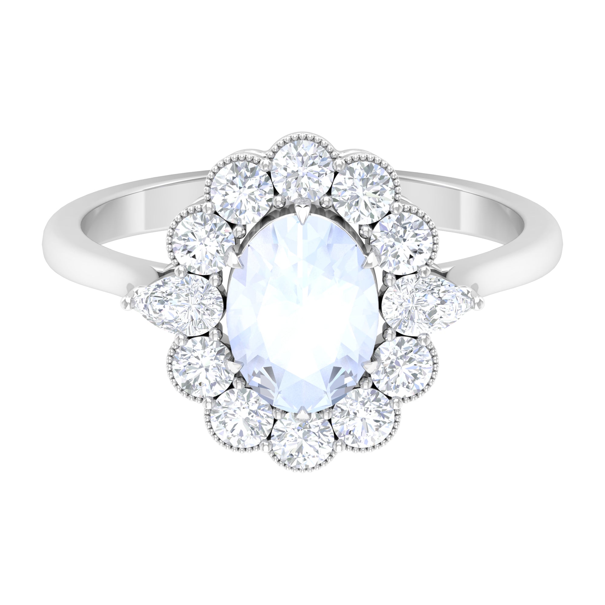 Natural Moonstone Statement Ring With Moissanite Halo Moonstone - ( AAA ) - Quality - Rosec Jewels