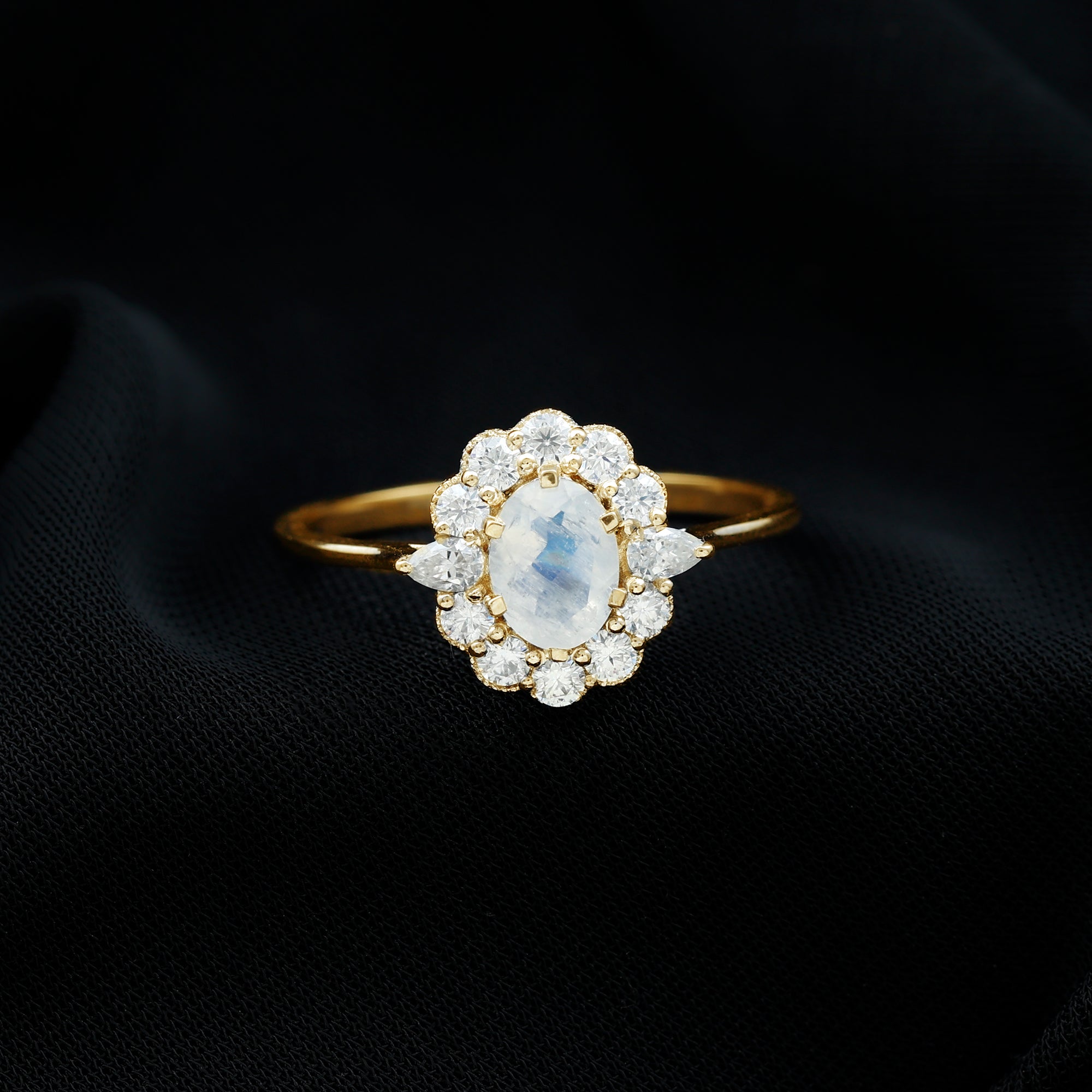Natural Moonstone Statement Ring With Moissanite Halo Moonstone - ( AAA ) - Quality - Rosec Jewels