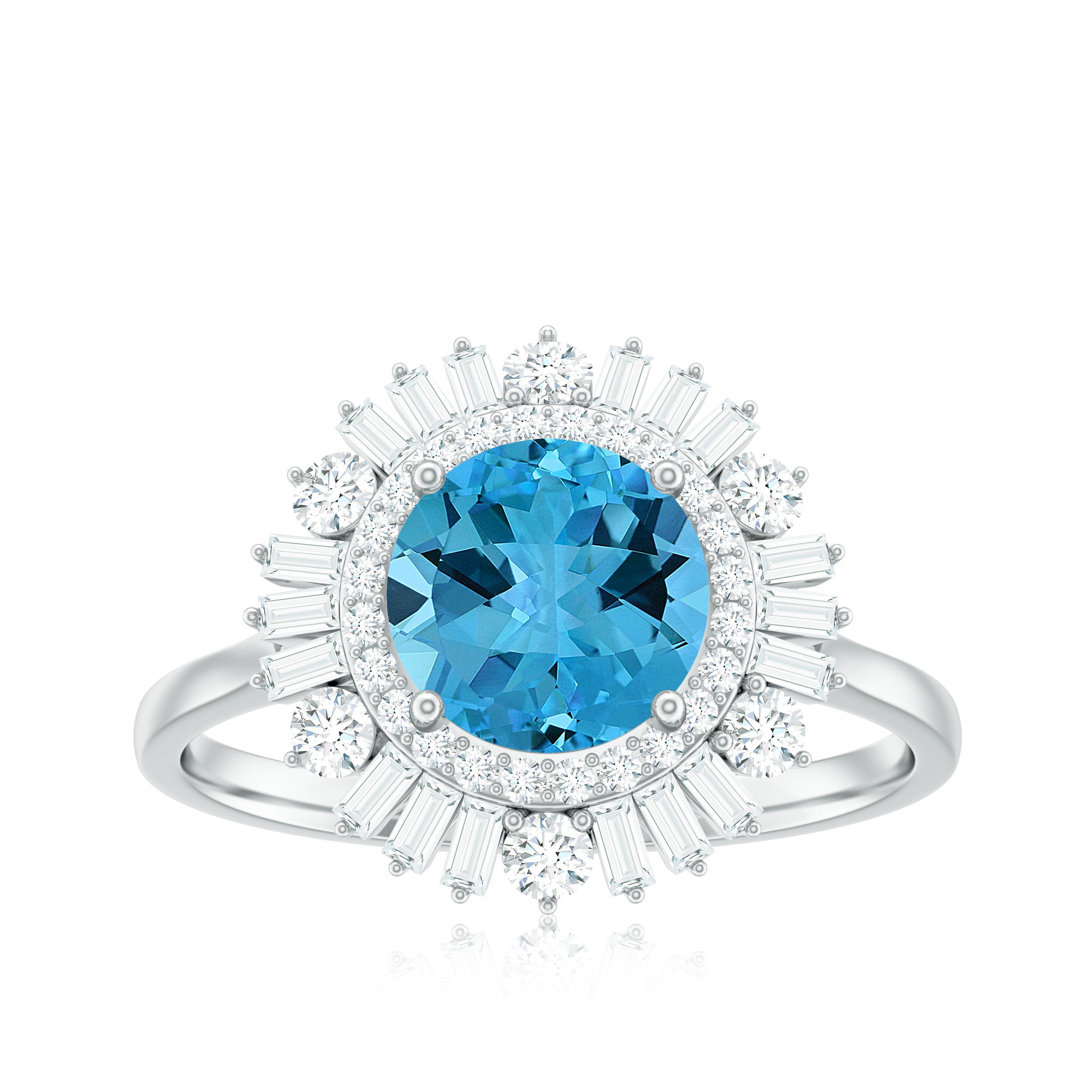 Rosec Jewels-Round Swiss Blue Topaz Cocktail Ring with Moissanite Double Halo