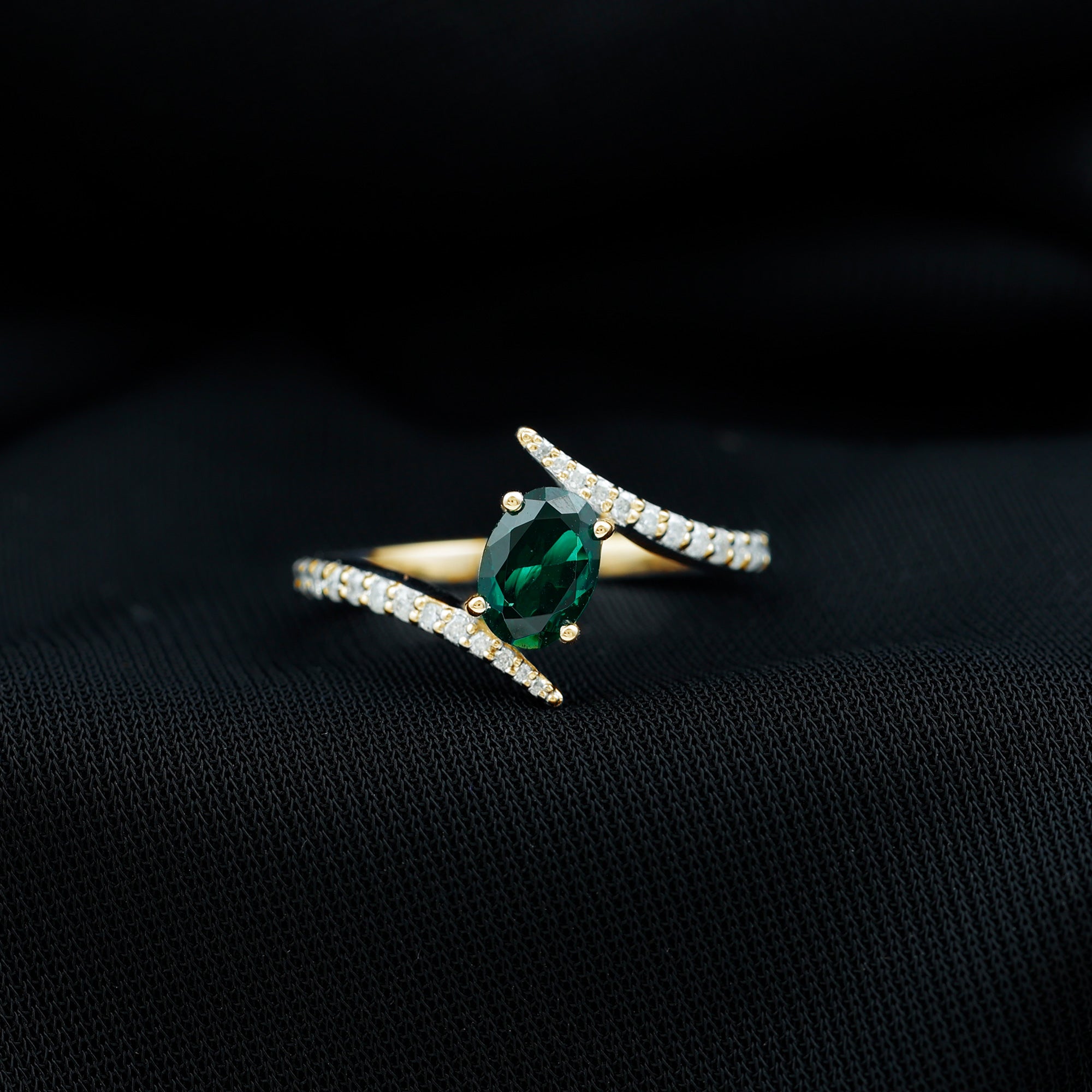 Oval Shape Lab Grown Emerald Solitaire Bypass Ring with Moissanite Lab Created Emerald - ( AAAA ) - Quality - Rosec Jewels