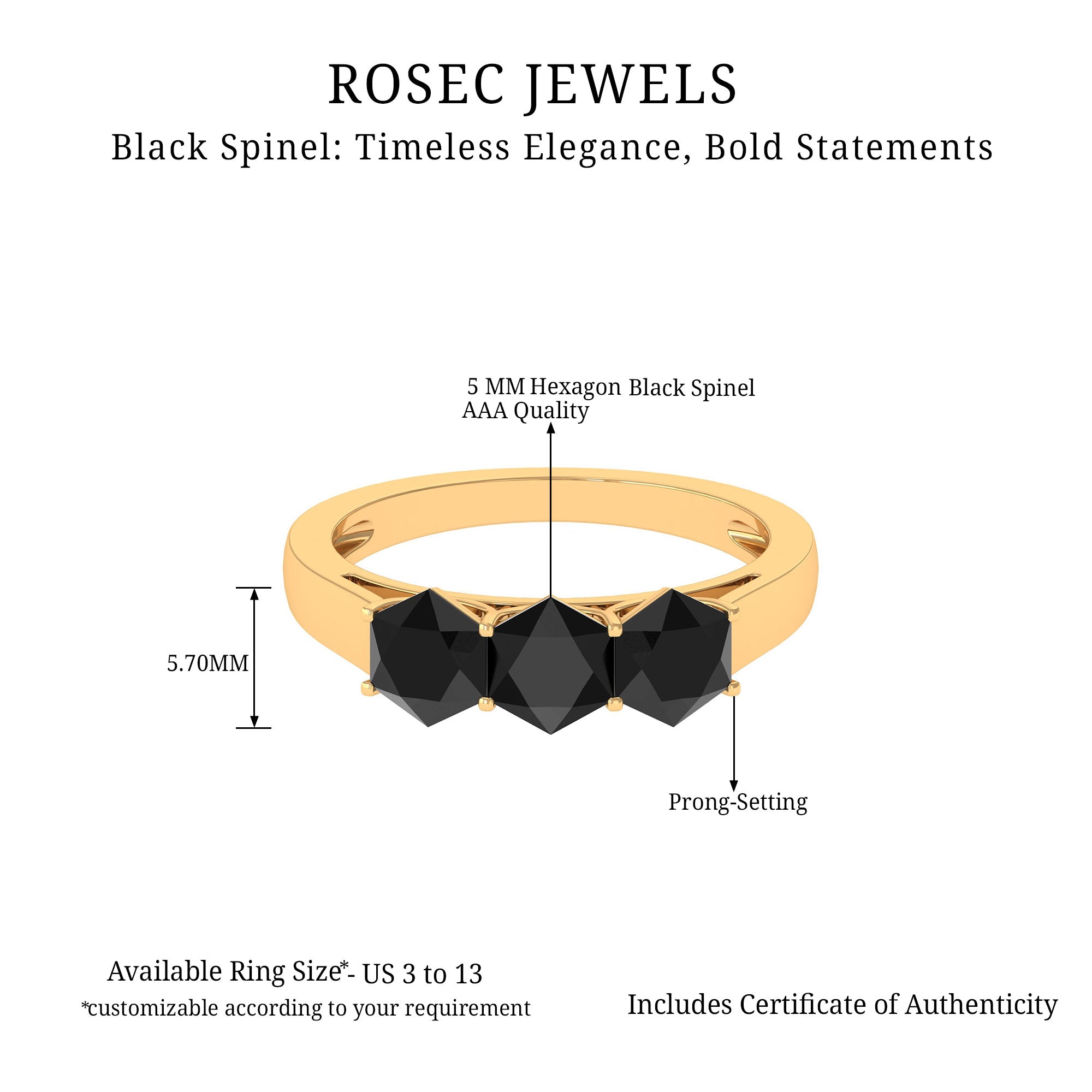 Classic Hexagon Cut Real Black Spinel 3 Stone Ring in Gold Black Spinel - ( AAA ) - Quality - Rosec Jewels