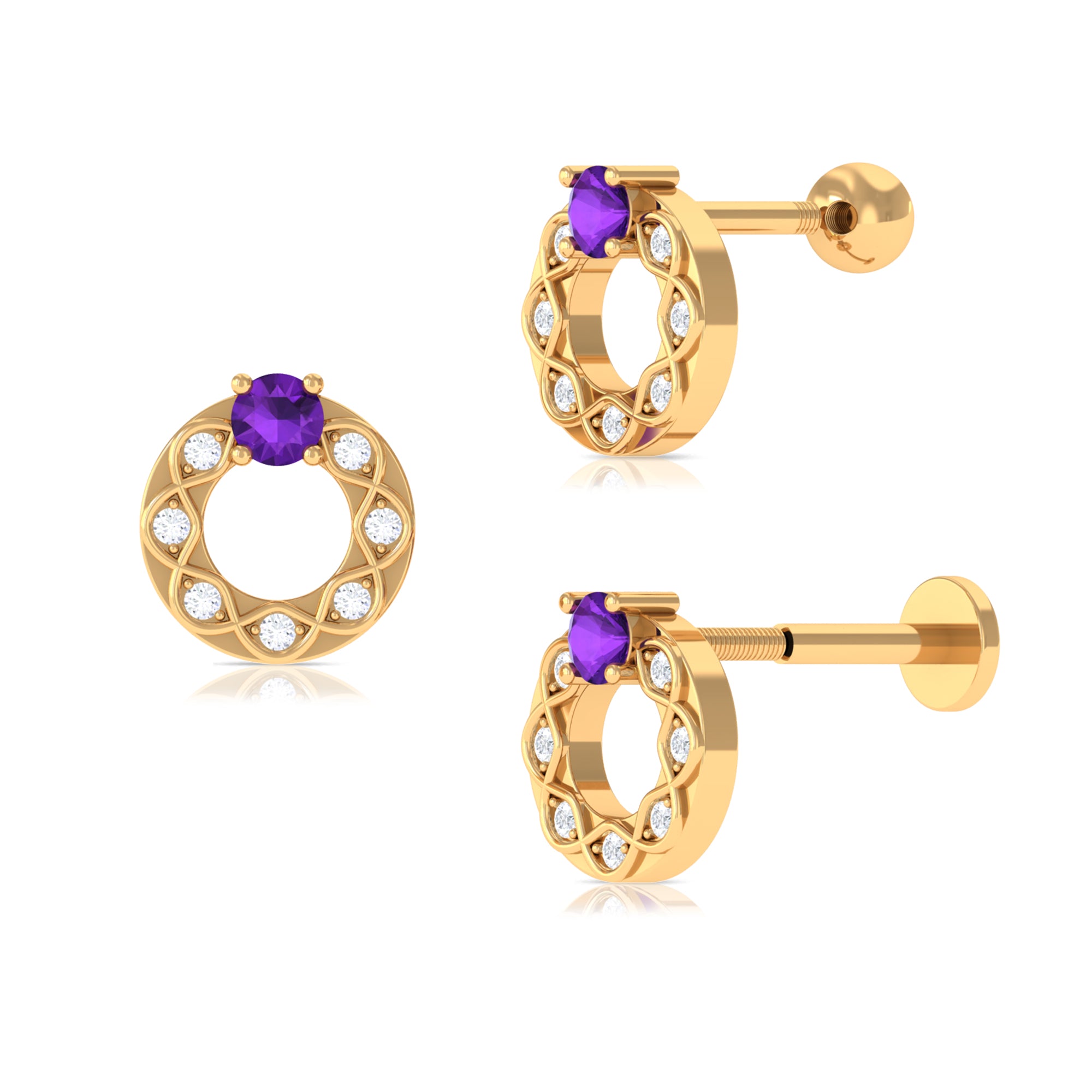 Amethyst and Moissanite Open Circle Helix Earring in Gold Amethyst - ( AAA ) - Quality - Rosec Jewels