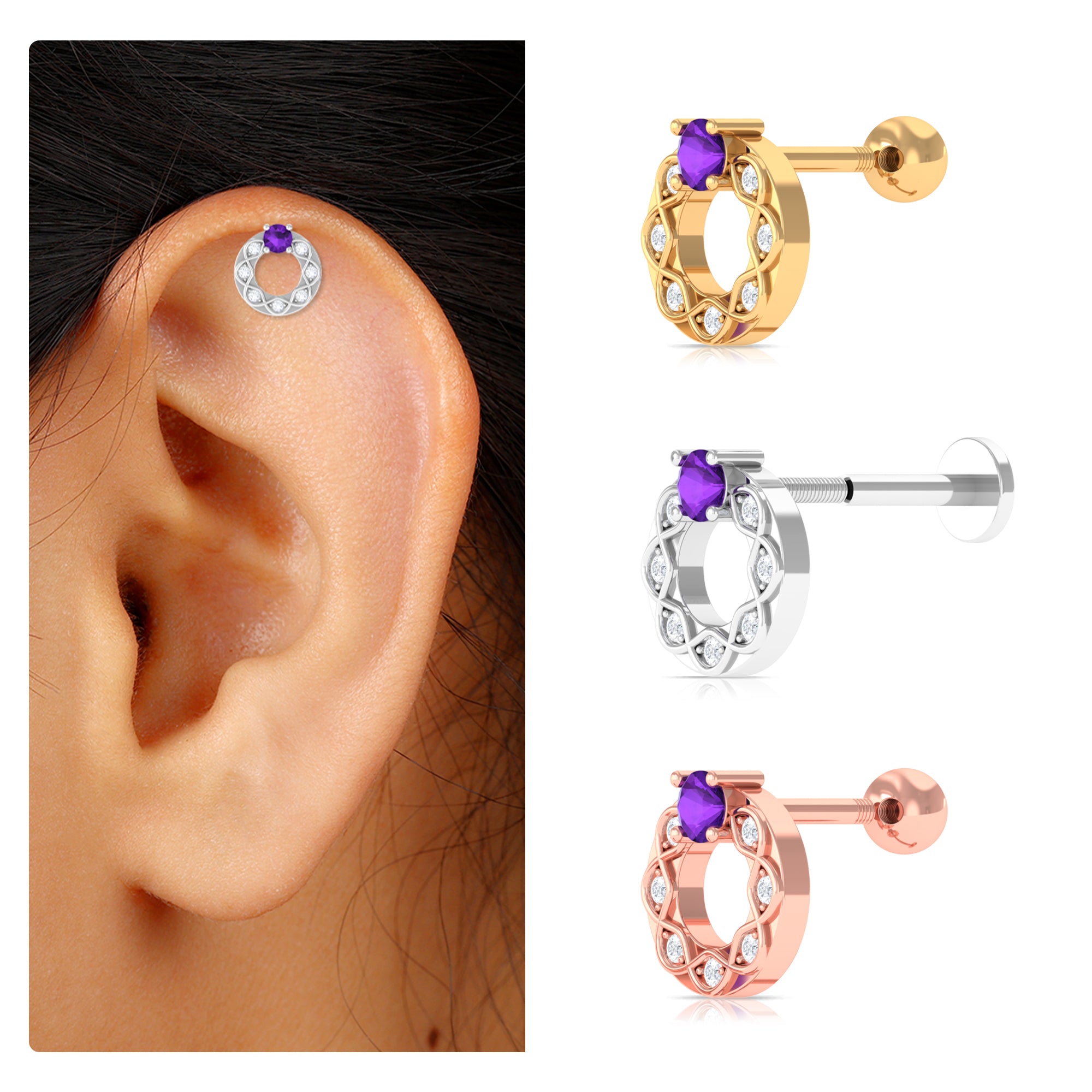 Amethyst and Moissanite Open Circle Helix Earring in Gold Amethyst - ( AAA ) - Quality - Rosec Jewels