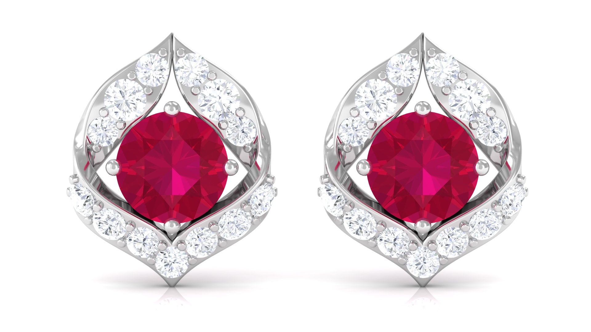 Dainty Ruby July Birthstone Stud Earrings with Diamond Ruby - ( AAA ) - Quality - Rosec Jewels
