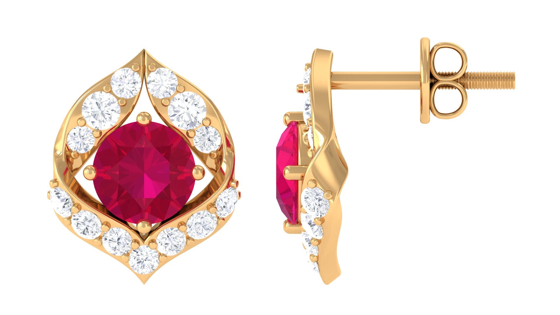 Dainty Ruby July Birthstone Stud Earrings with Diamond Ruby - ( AAA ) - Quality - Rosec Jewels